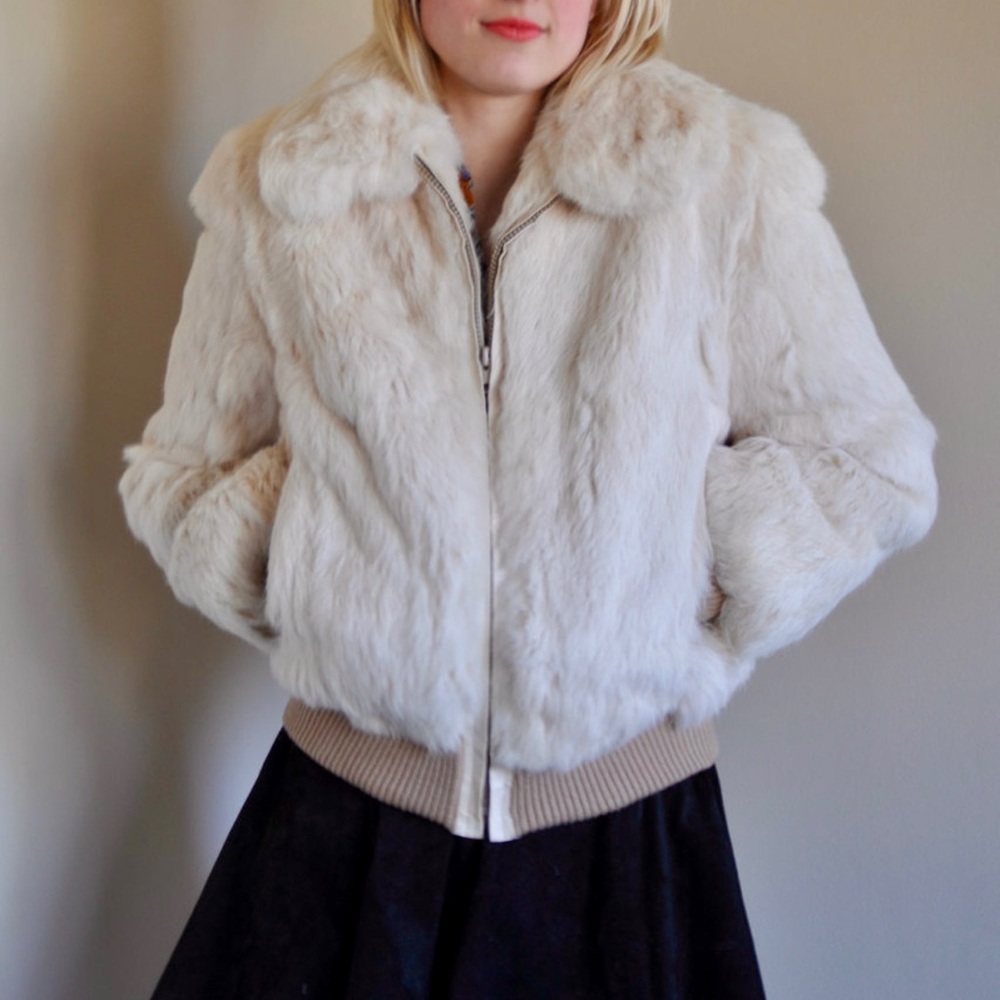Vintage Rabbit Fur Bomber Jacket Cream